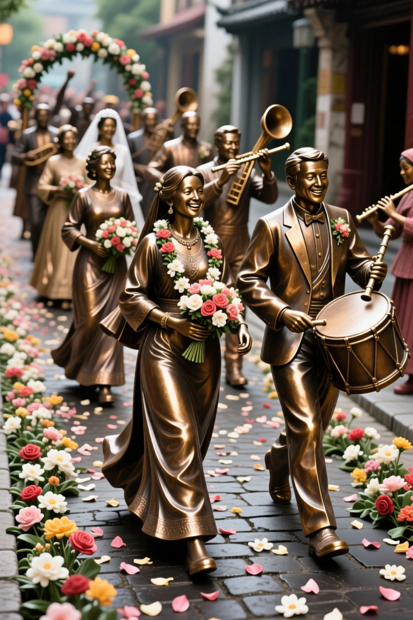 A wedding procession moving through a flower-strewn street, evoking timeless human connection, celebrating shared human joy