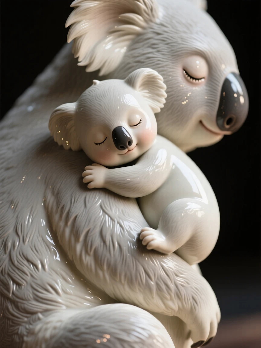 A sleepy baby koala clinging to its mother's back frozen in a moment of pure innocent charm, its tiny features rendered with heartwarming charm, conveying gentle warmth perfect for any family space.