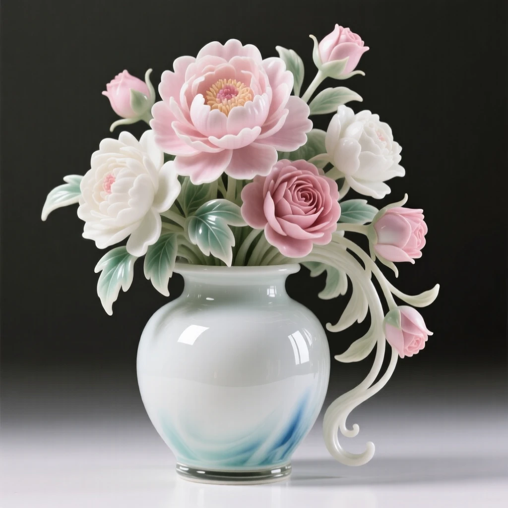 A lush arrangement of peonies and roses in a delicate glass jar, arranged in a graceful cascading style.