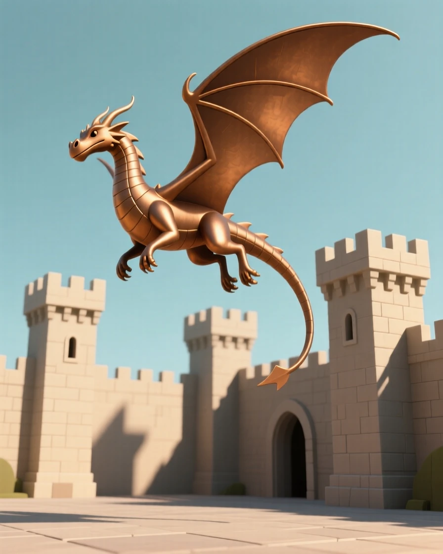 A majestic bronze dragon soars above ancient castle towers, wings casting long shadows across the courtyard below.