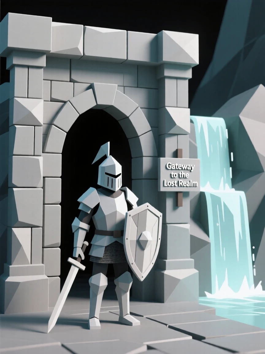 A knight standing before an ancient stone gate, beside a waterfall that glows with soft light. rich color contrasts add depth to the fantasy setting. The moment feels suspended between worlds.