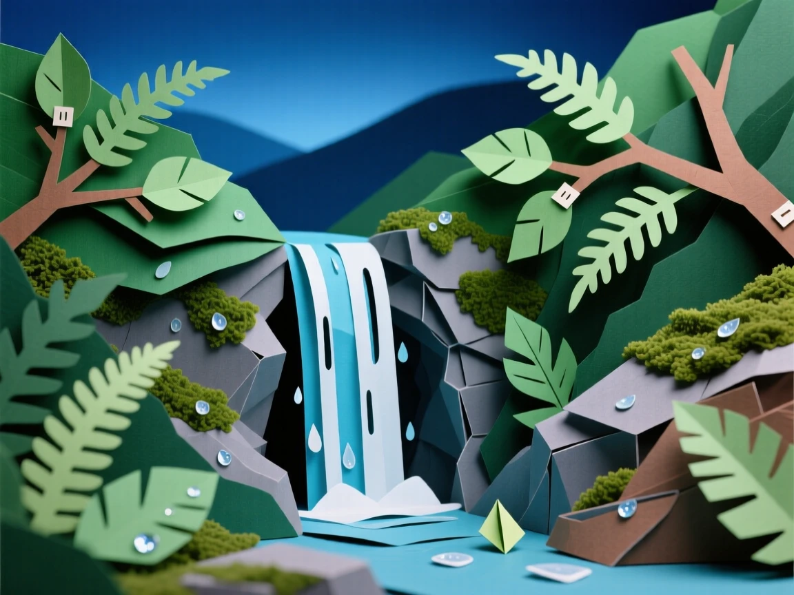A hidden waterfall in a green ravine in the deep blue hour after dusk, with morning dew glistening on every leaf, evoking a sense of untouched wilderness.