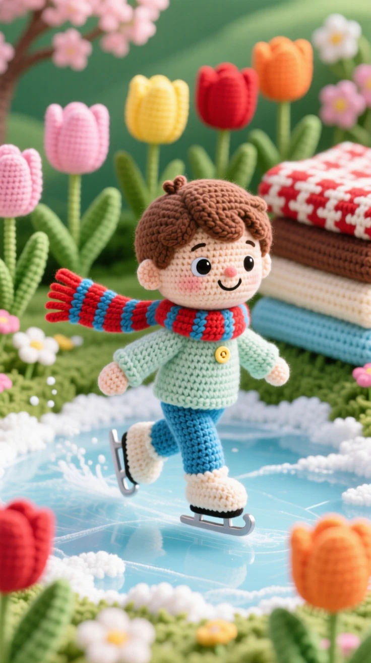 a small boy ice skater, with a striped scarf trailing behind, is shown gliding across a frozen pond in a blooming spring garden full of tulips beside a stack of warm blankets, capturing bright cheerful energy of a special day.