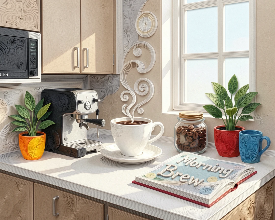 A relaxed modern lifestyle scene of a morning coffee ritual on a modern kitchen counter in a sunlit studio apartment, with lively pops of color scattered throughout the scene, composed with a fresh, airy, minimalist aesthetic.