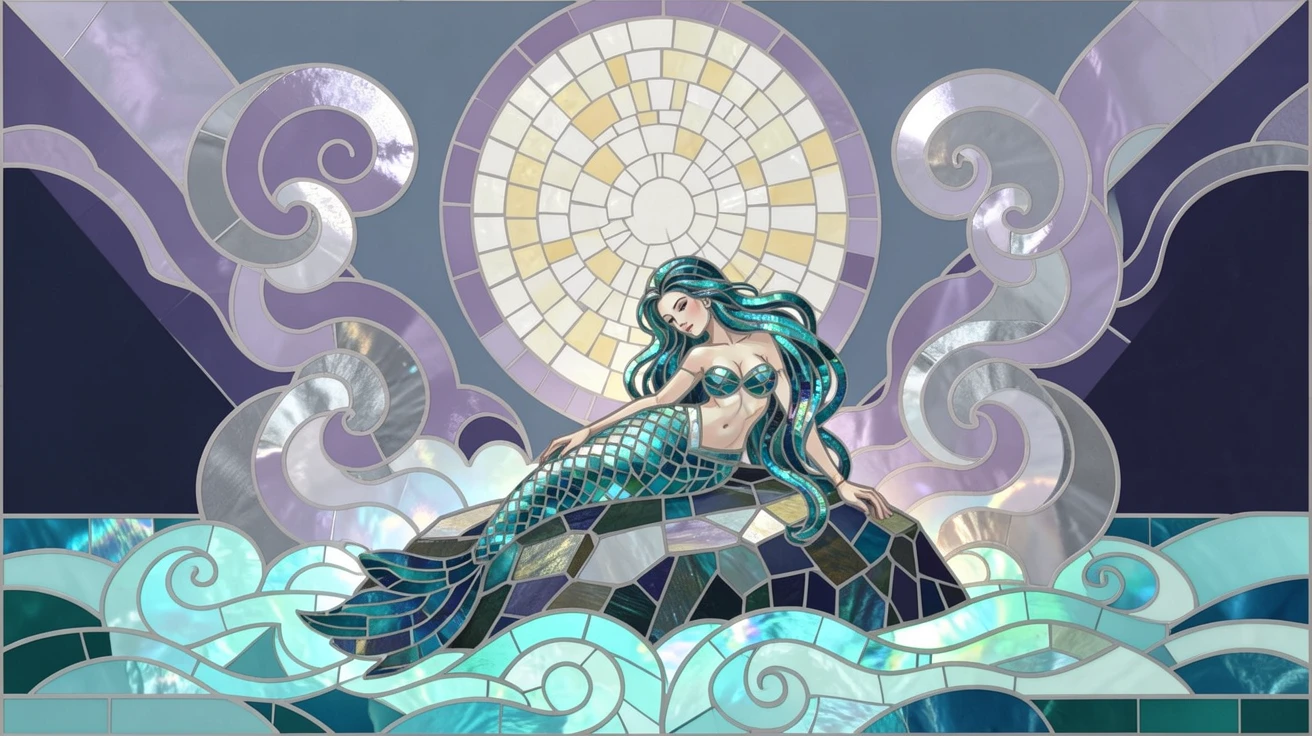 An epic fantasy scene of a mermaid resting on a moonlit rock surrounded by glowing sea foam, with swirling mist and glowing highlights.