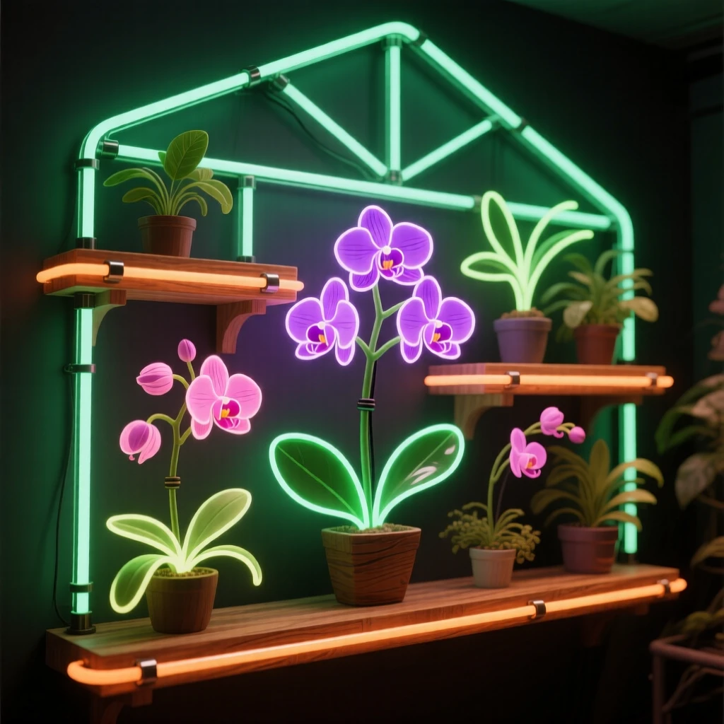 A greenhouse orchid collection arranged along wooden shelves.
