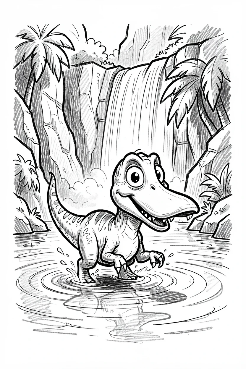 A duck-billed dinosaur wading in a lake beside a waterfall in a lush canyon.