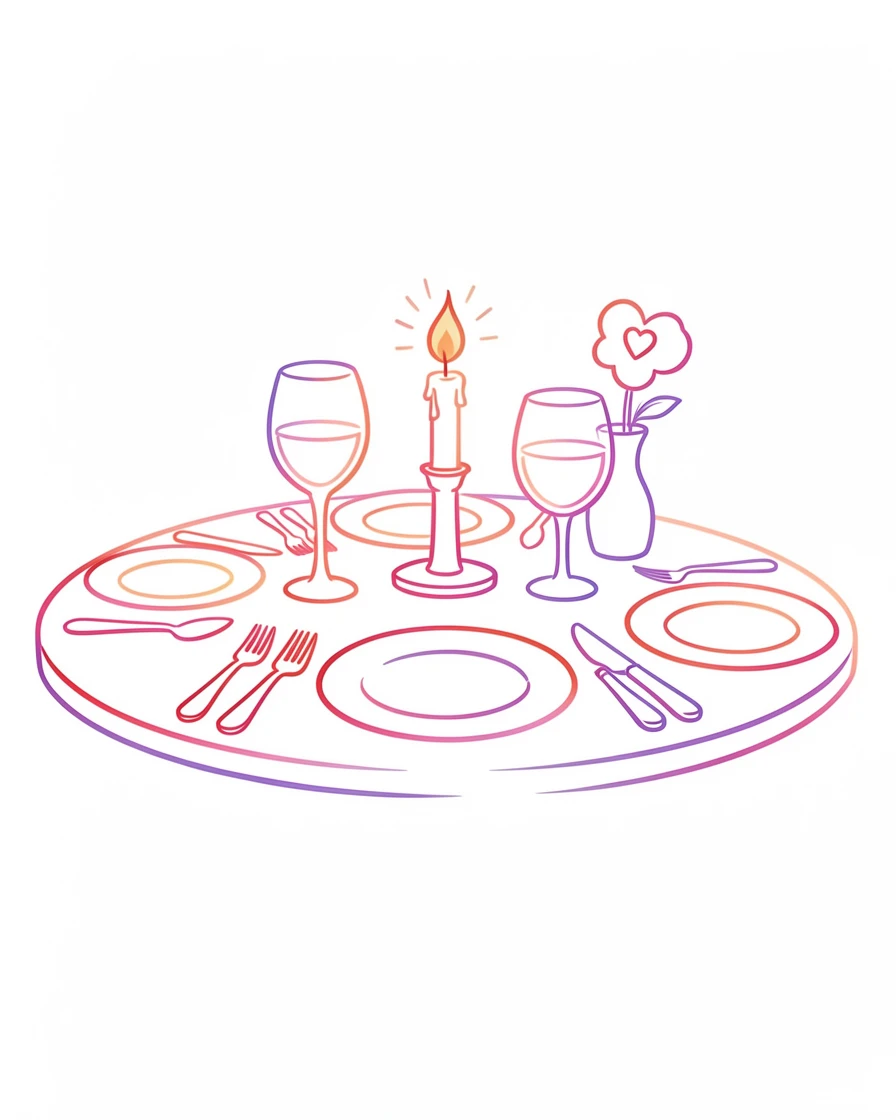 A candlelit table set for a romantic Valentine's Day dinner.