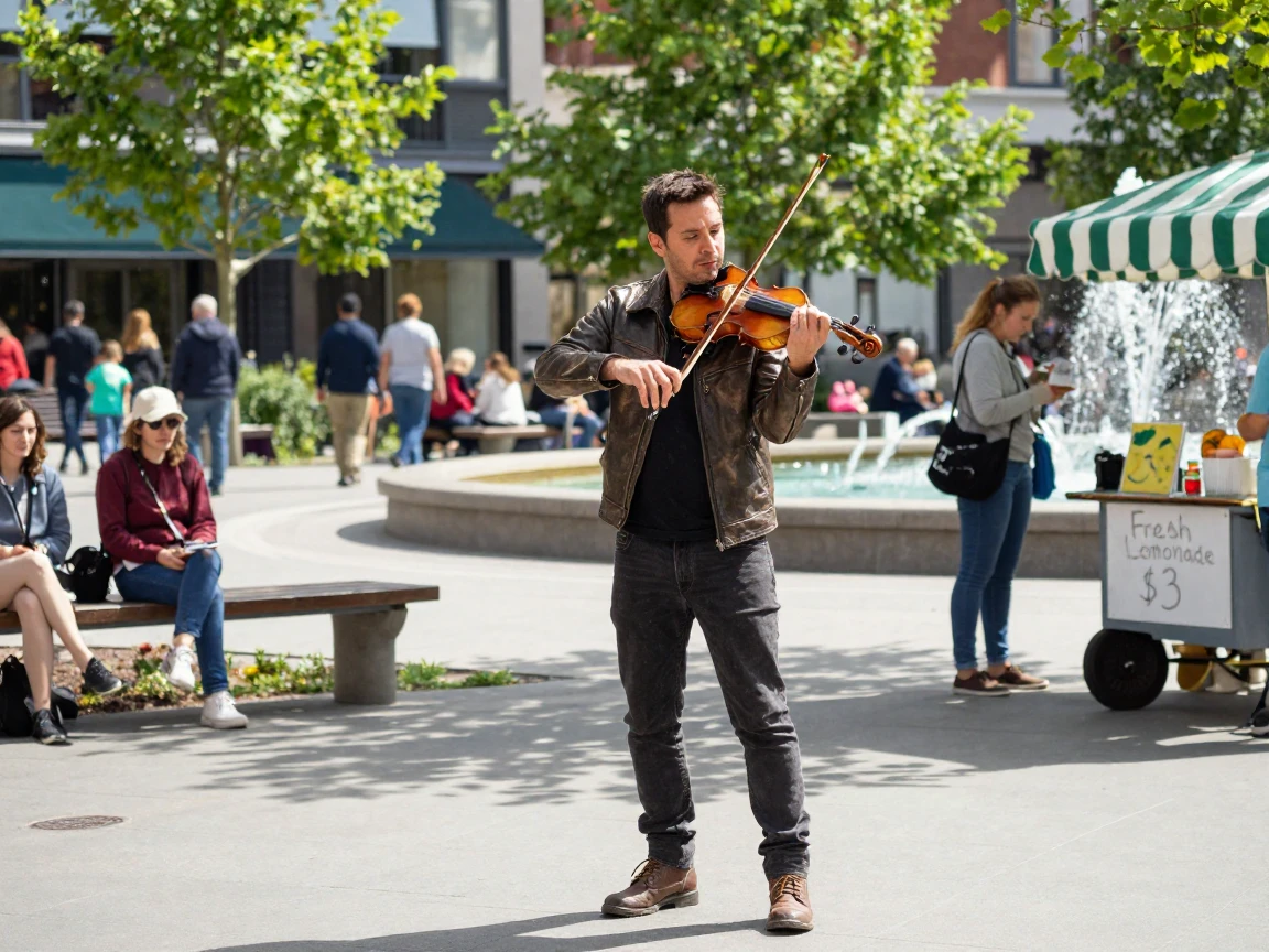 A street performer playing violin in a bustling plaza