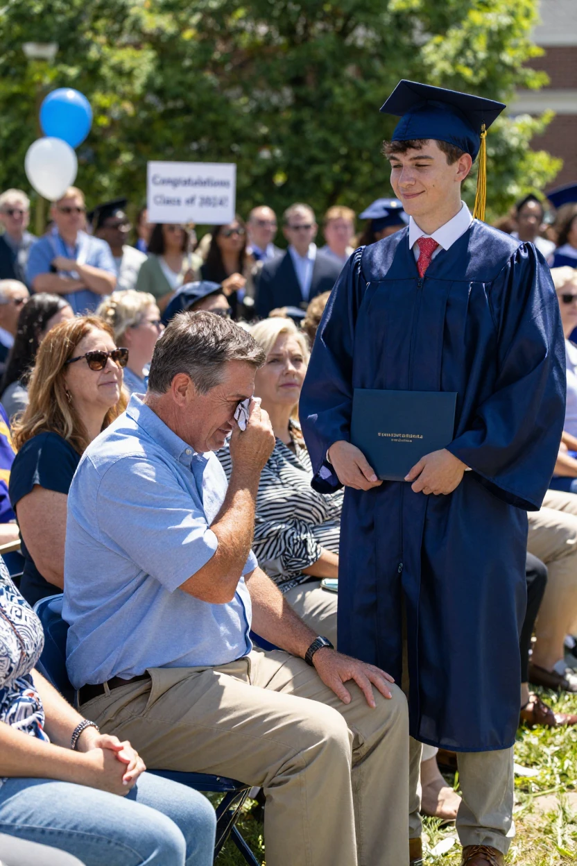 A father wipes away tears at his son's college graduation ceremony.
