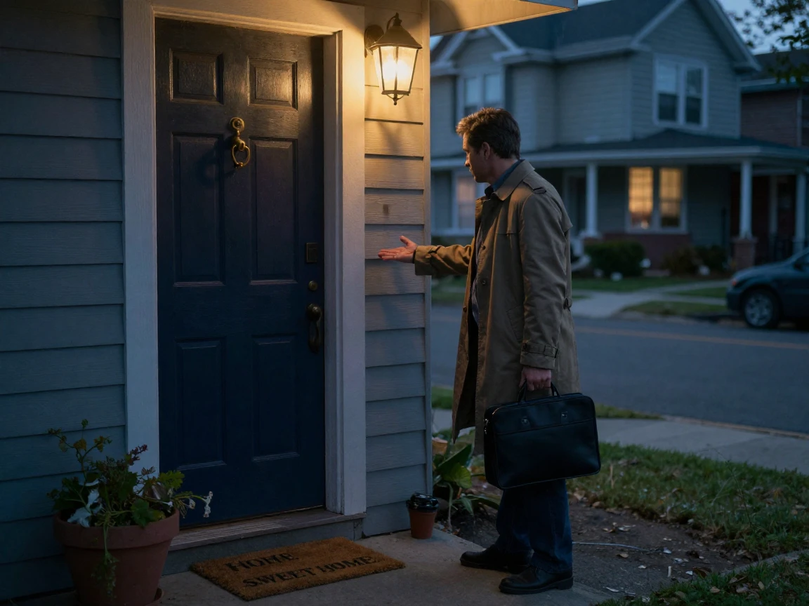 A lonely commuter reaching out to help someone in need on a quiet neighborhood doorstep
