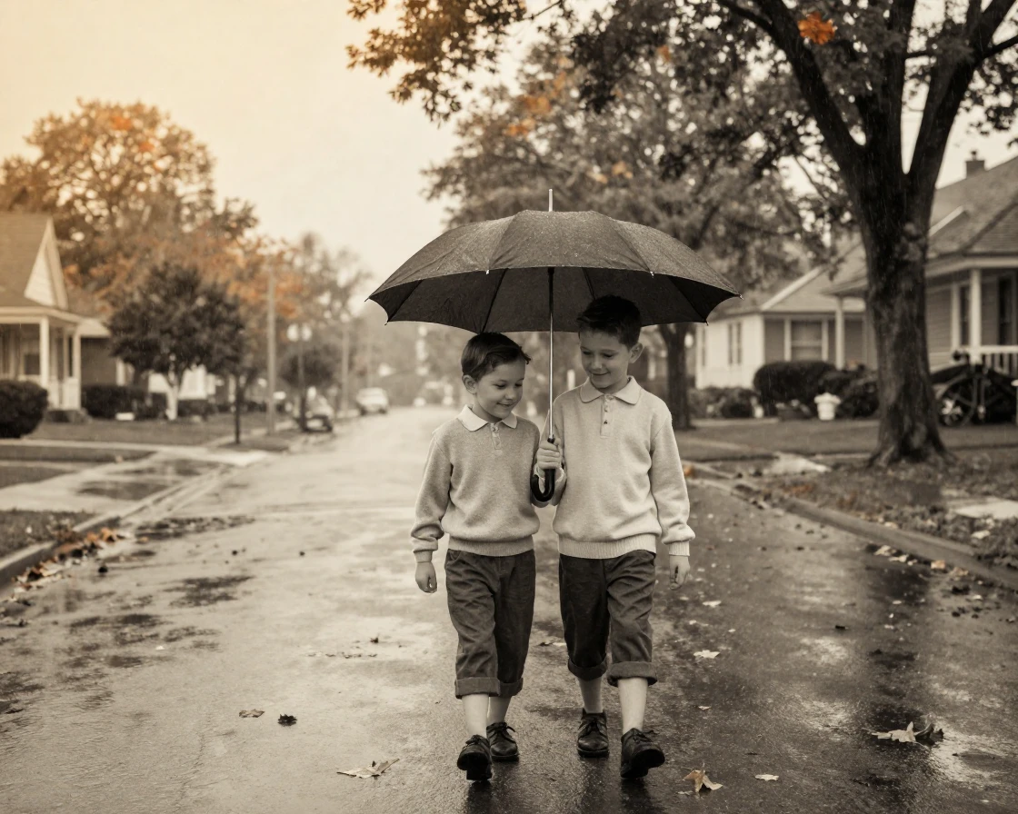 Siblings sharing an umbrella while walking home in the rain, under soft golden-hour light, under a light drizzle, as summer fades into fall, with stark black-and-white contrast softened by a single warm hue, from a wide establishing view.