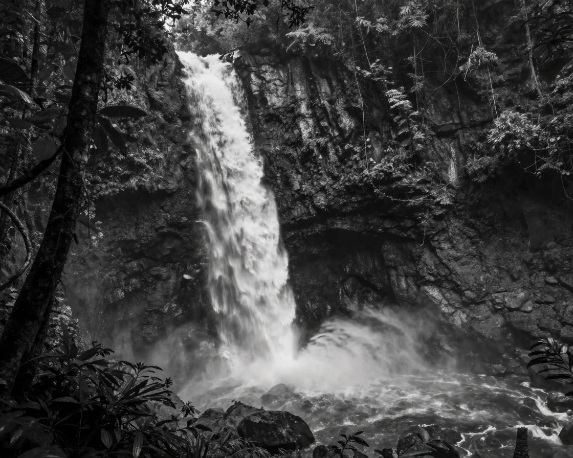 A towering waterfall crashes into a misty gorge below deep in a tropical rainforest.