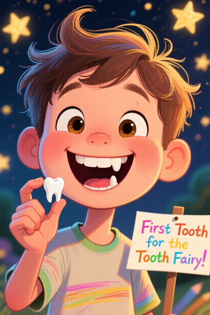 A young boy losing his first tooth, holding it up proudly for the tooth fairy.