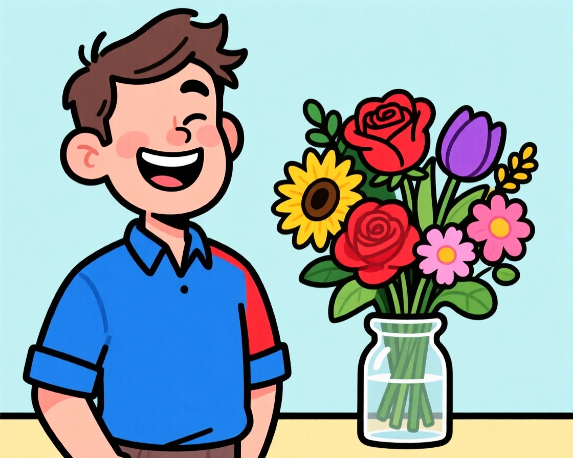 A charming portrait of a proud new father, winking playfully at the viewer, with a colorful bouquet of flowers nearby.