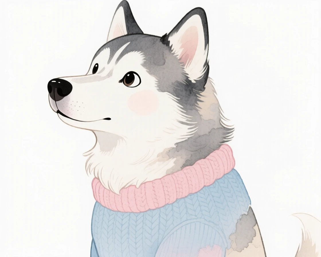 A majestic husky wearing a tiny knit sweater