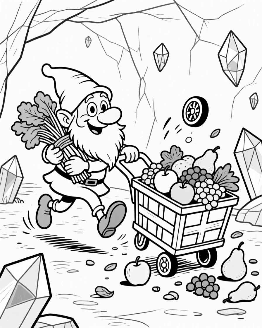 A mischievous gnome sneaking off with garden vegetables, tripping and knocking over an entire fruit cart, set deep inside a glittering gemstone mine. A tiny cart wheel spins uselessly in the air. The scene turns epic fantasy into pure charming comedy.