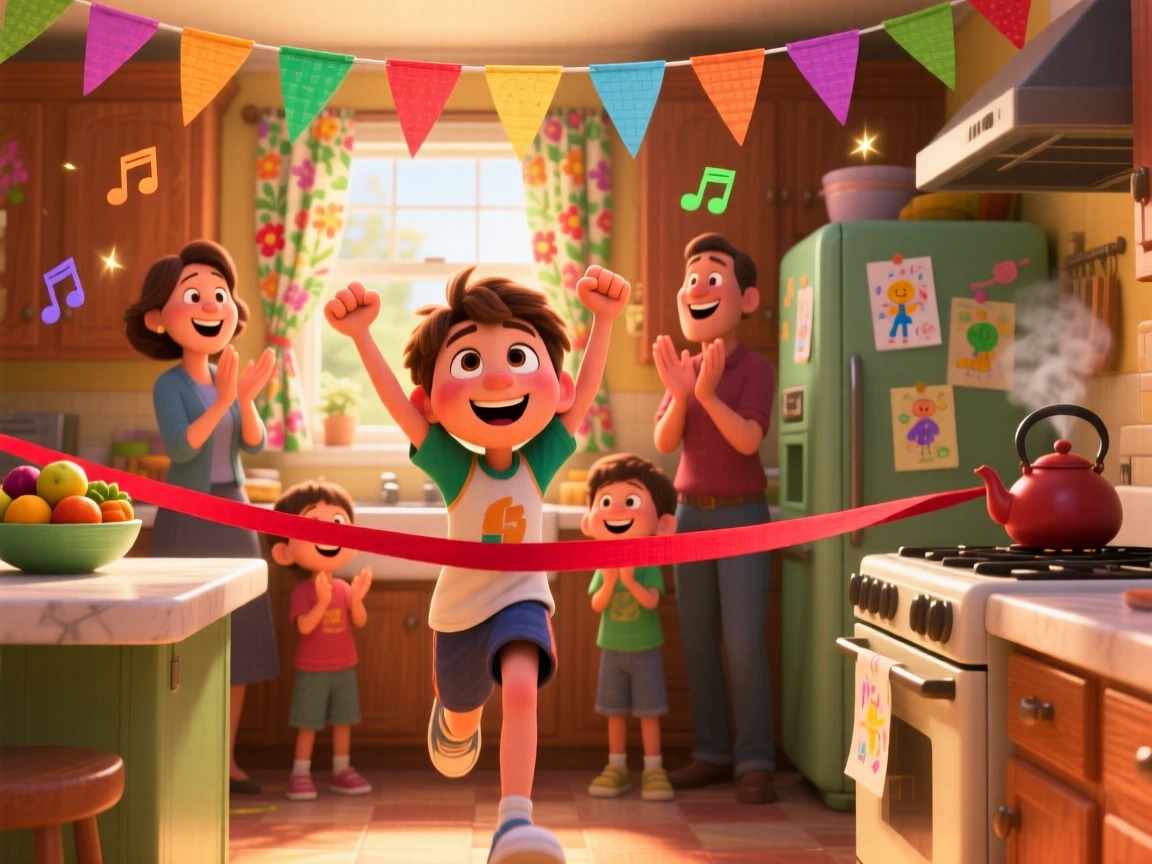 A runner crossing a finish line with arms raised unfolds inside a warmly lit family kitchen, with everyone's laughter filling the air. Pure joy and warmth radiate from the scene.