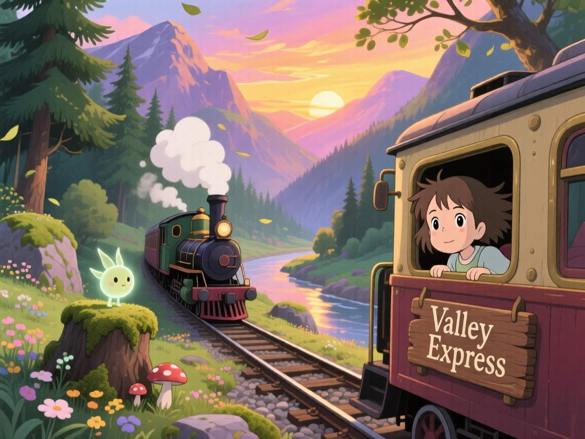 A charming scene of a vintage steam train winding through a mountain valley, under a sky painted with warm colors.