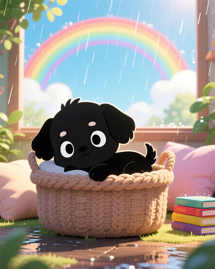 In a cozy reading nook, a fluffy puppy is napping inside a knitted basket under a rainbow after the rain, bathed in bright midday sun, expression full of wide-eyed wonder. Shot as a silhouette composition.