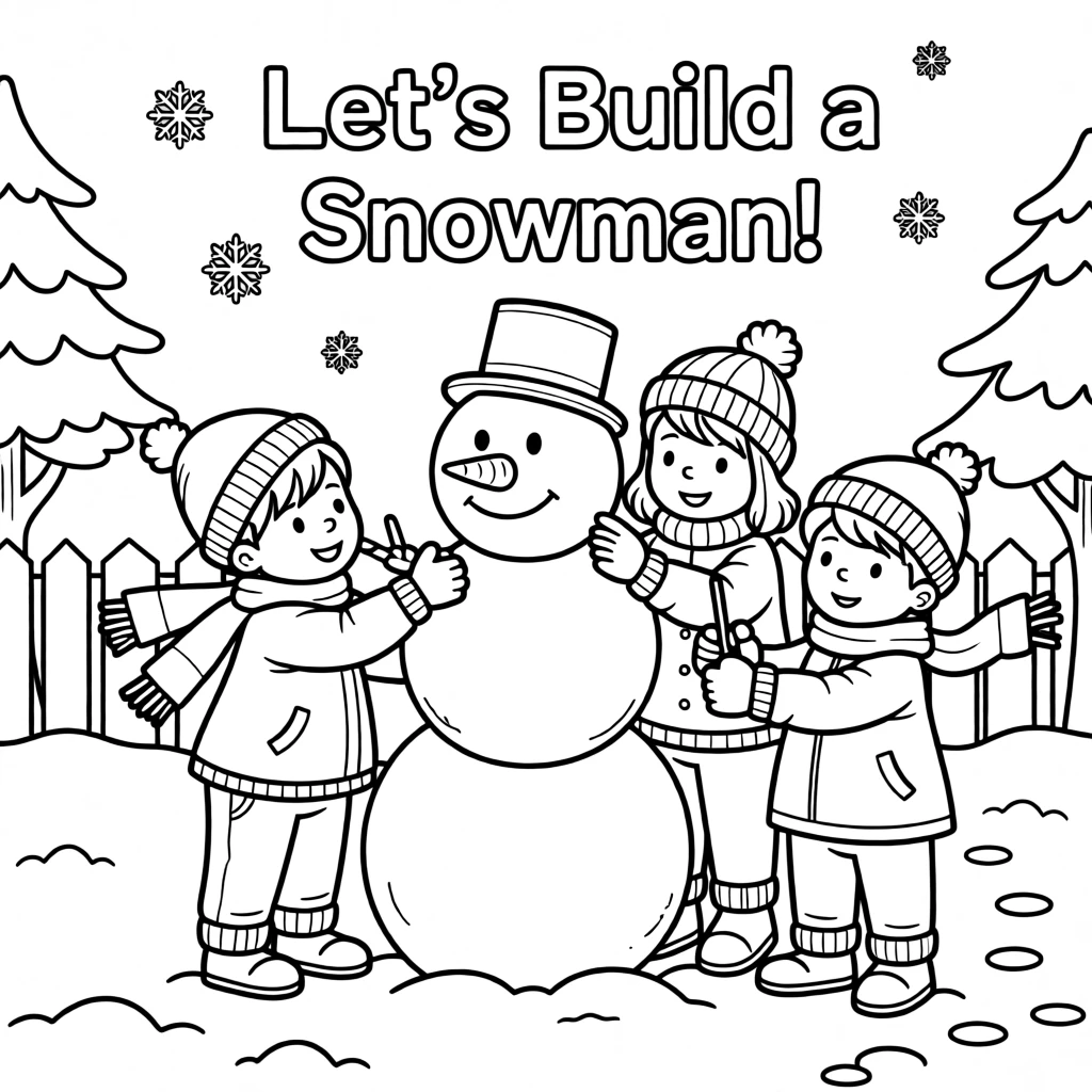 A winter scene with children building a snowman together