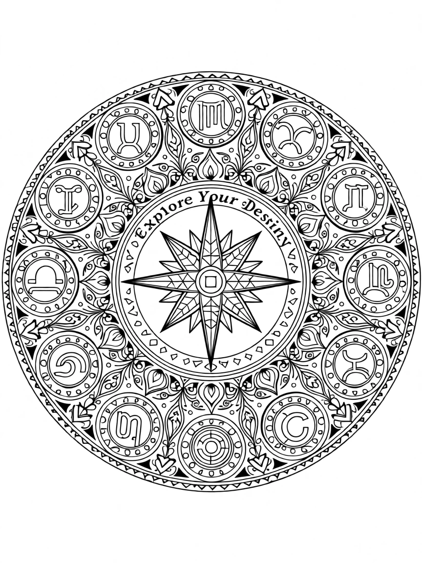 A mandala shaped like a compass with zodiac symbols around its rim.