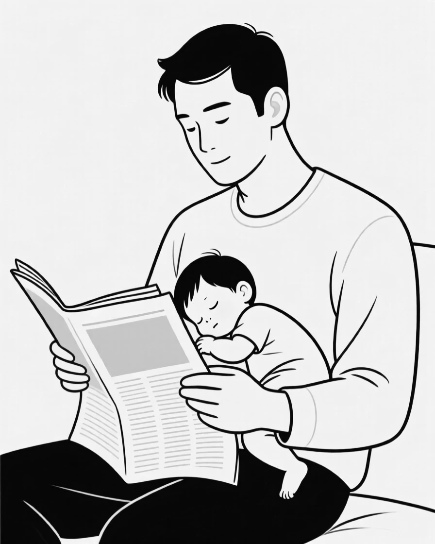 A father reading a newspaper while his toddler naps on his chest