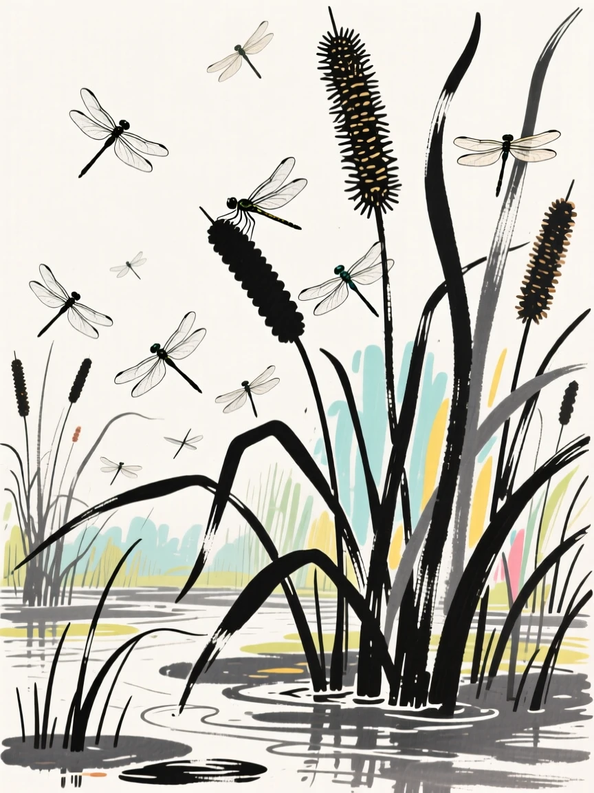 A prehistoric swamp filled with dragonflies and towering horsetail plants.