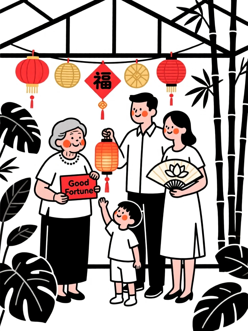 A family of Filipino heritage celebrating Lunar New Year, in a botanical garden greenhouse.
