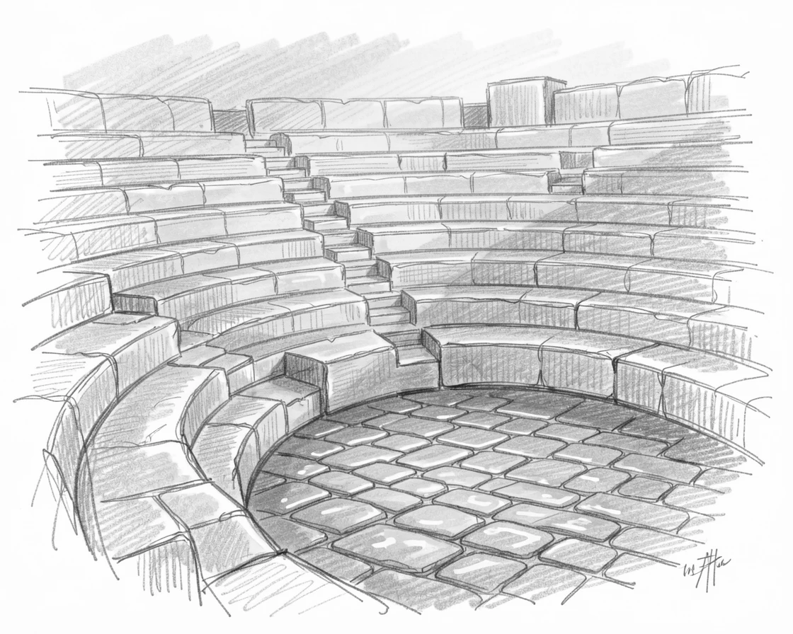 An ancient stone amphitheater at golden hour, with cobblestones glistening after rain.