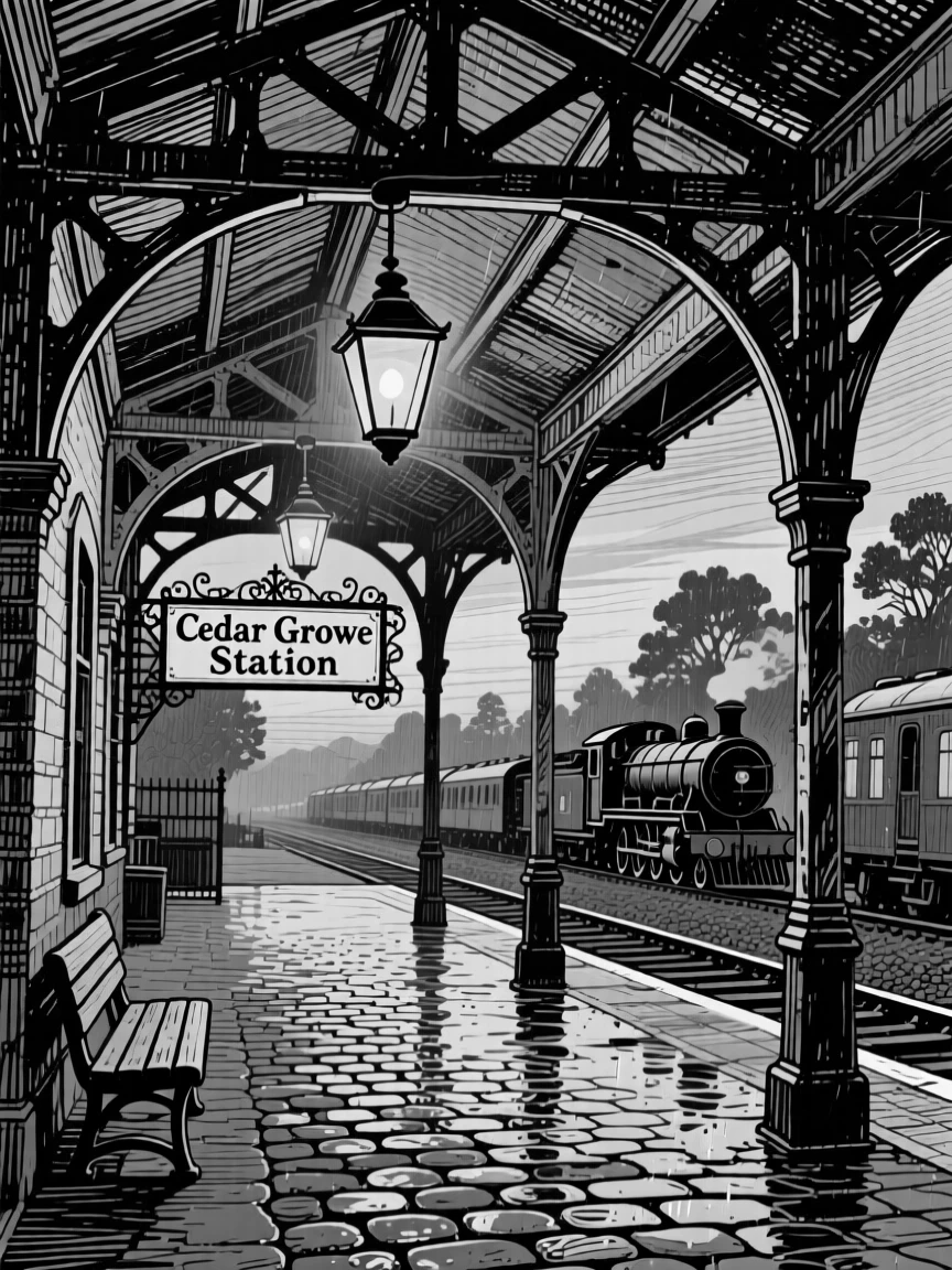 An old train station with iron rafters with lanterns beginning to glow at dusk, featuring cobblestones glistening after rain, rendered in a cozy and inviting architectural composition.