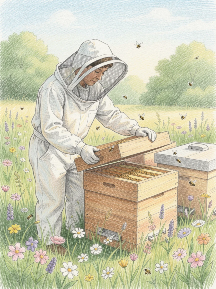 A beekeeper tending to hives in a sunny meadow, with warm natural light filling the scene, evoking mindfulness, patience, and simple contentment.