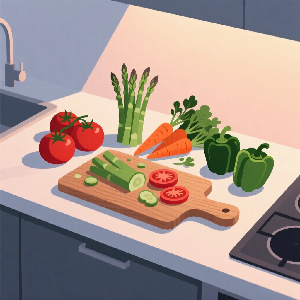 A minimalist kitchen counter with fresh vegetables and a wooden board, arranged in a softly lit evening setting, arranged in a neatly styled flat lay composition, with gentle pastel tones evoking calm and comfort.