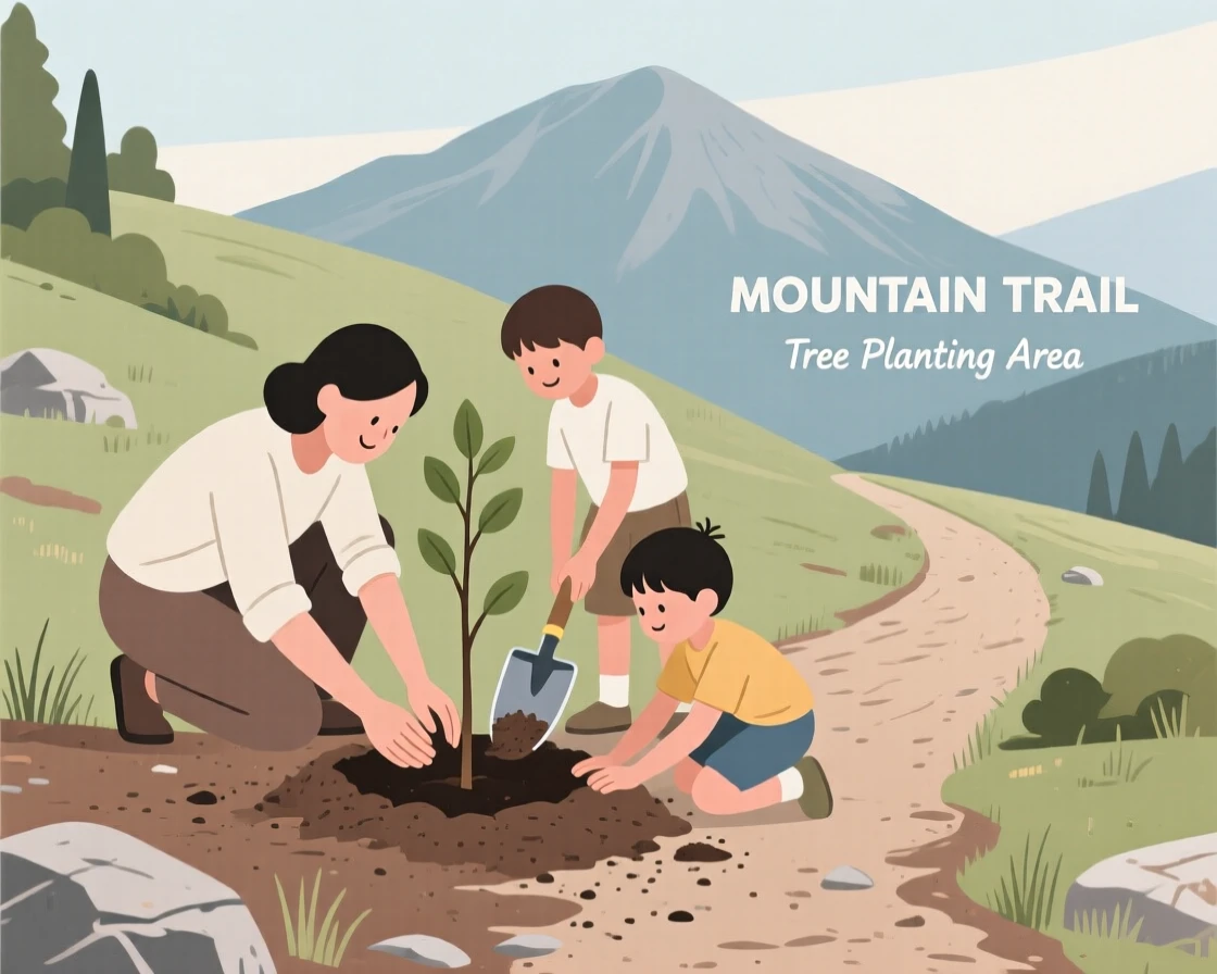 A family planting a tree together on a mountain trail.