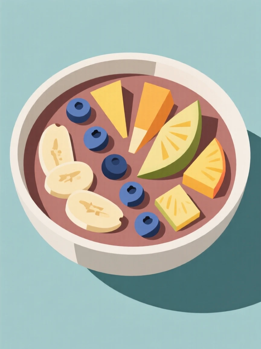 A tropical smoothie bowl topped with fruit