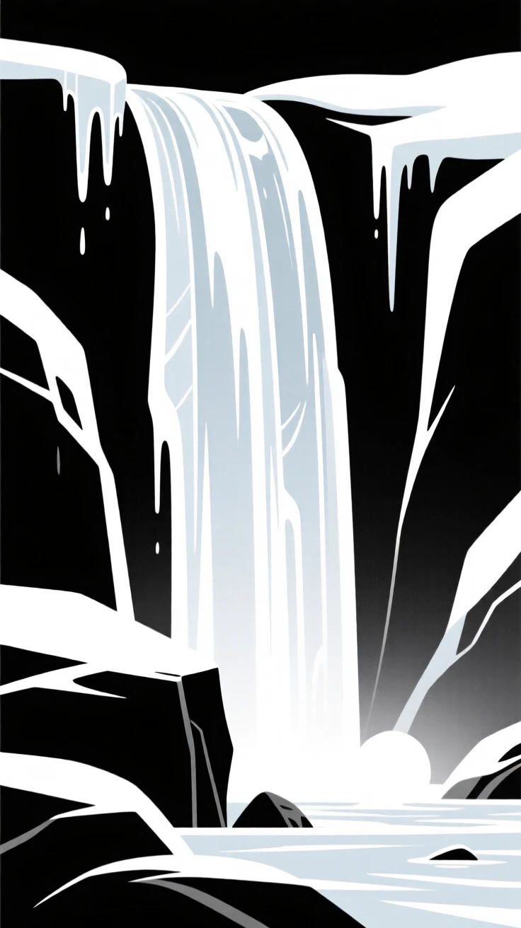 A frozen waterfall encased in ice.