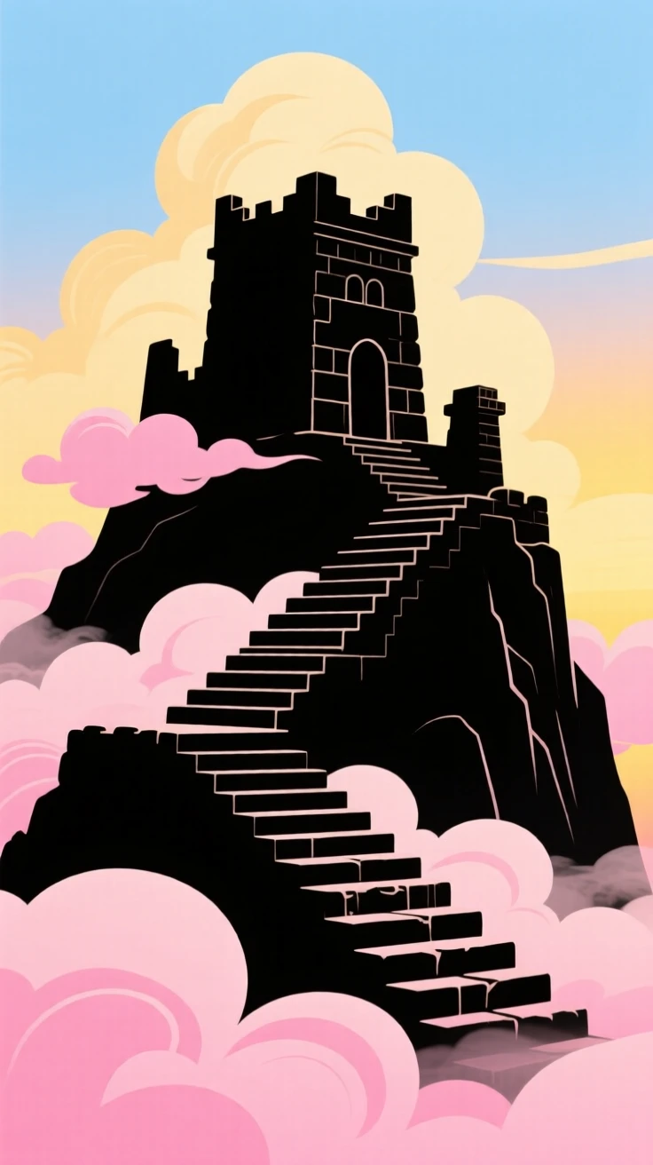 The stepped stone ruins of an ancient mountaintop citadel wrapped in cloud.