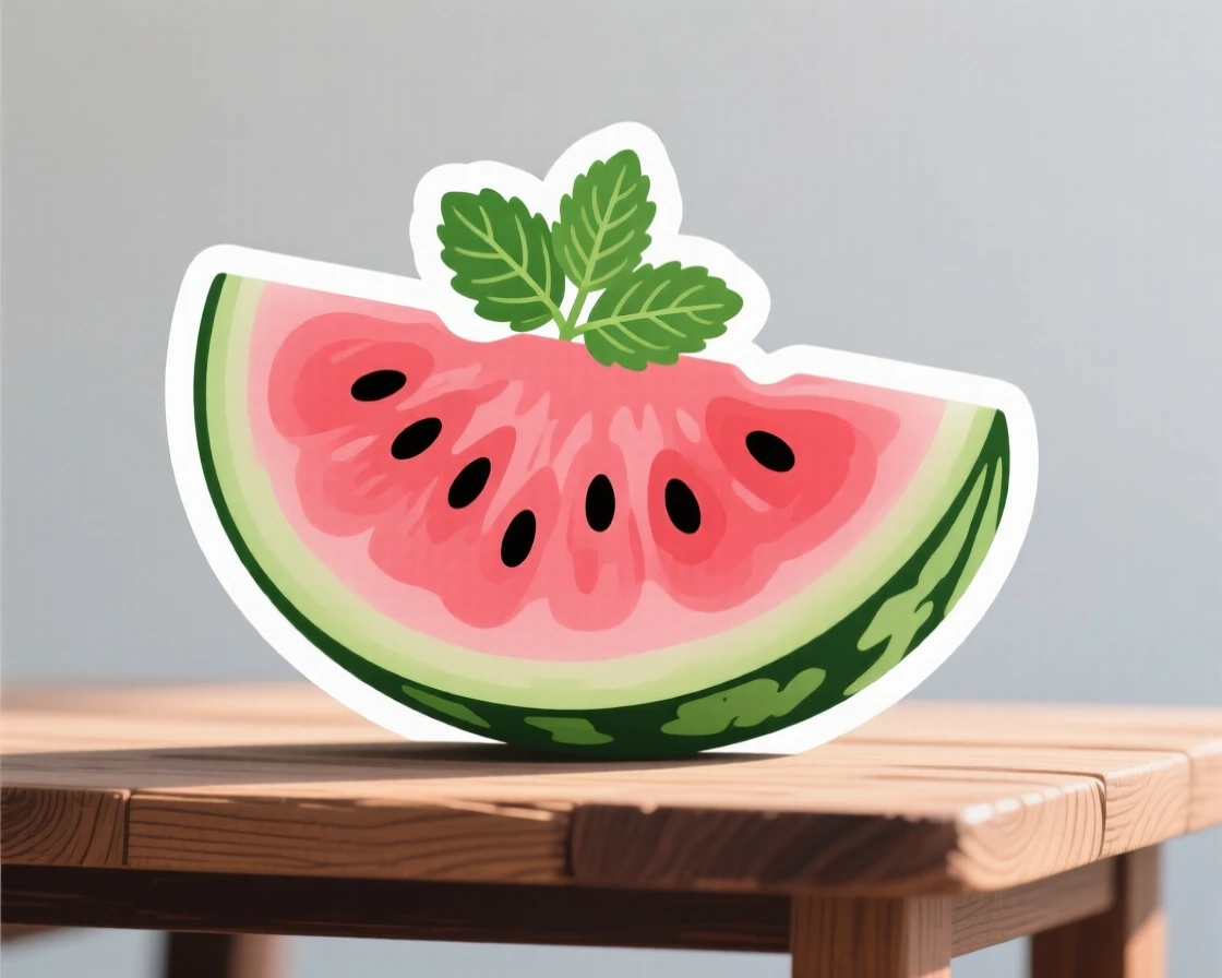 A fresh and juicy juicy watermelon slice, garnished with a sprig of fresh mint, on a rustic wooden table with soft morning light.