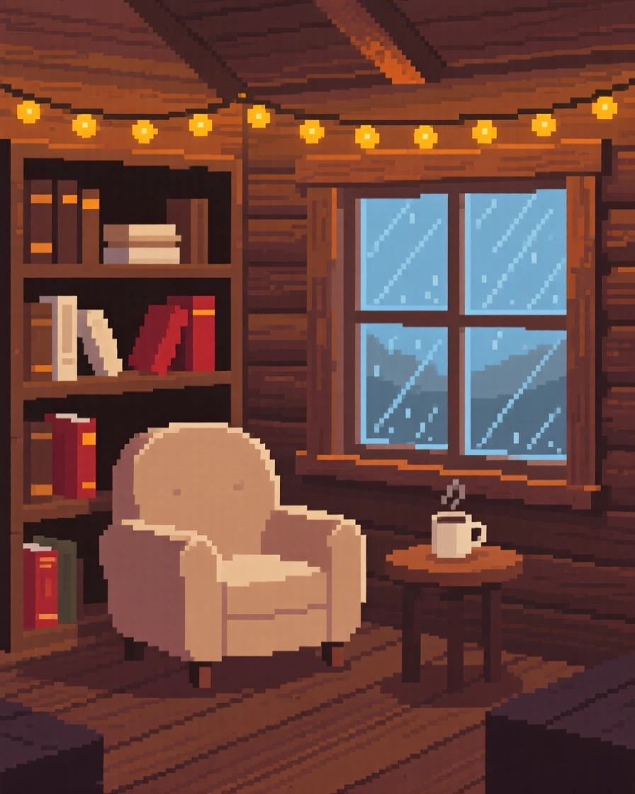 A cozy library alcove with rain gently streaking the window beside it, within a cabin lit by string lights at dusk.