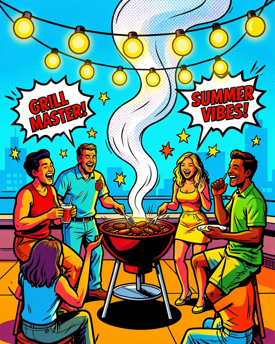 A rooftop summer barbecue with string lights overhead