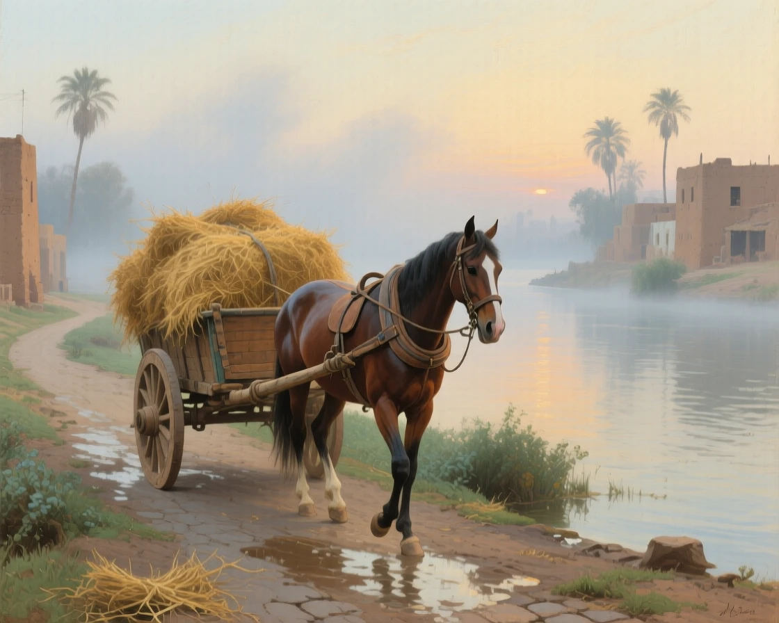 A well-framed scene of a horse-drawn cart loaded with hay trundling through a village, along the Nile in Egypt, at dawn, in thick fog.