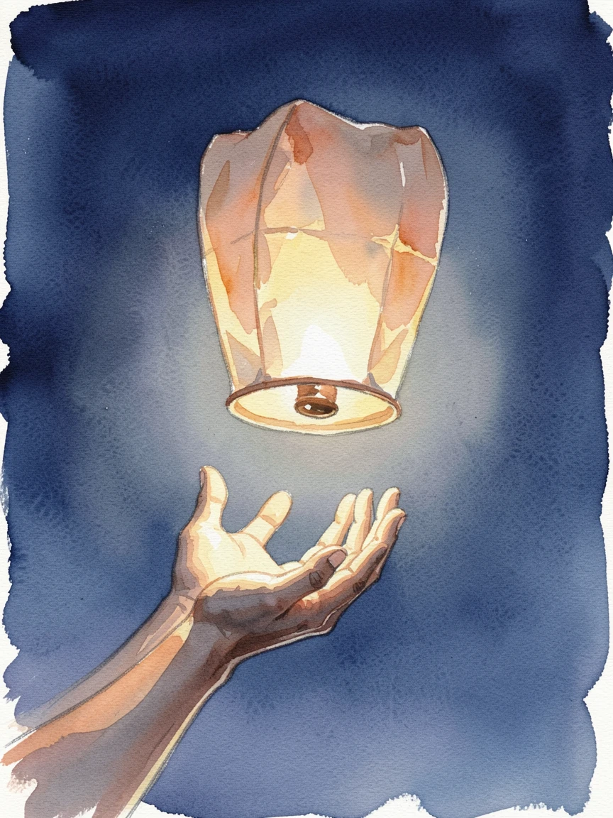A pair of hands releasing a paper lantern into the night sky under a soft and peaceful light.