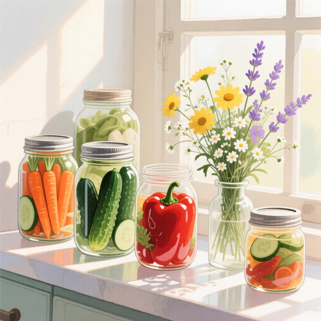 A sunlit kitchen windowsill lined with mason jars of pickled vegetables and a small vase of wildflowers