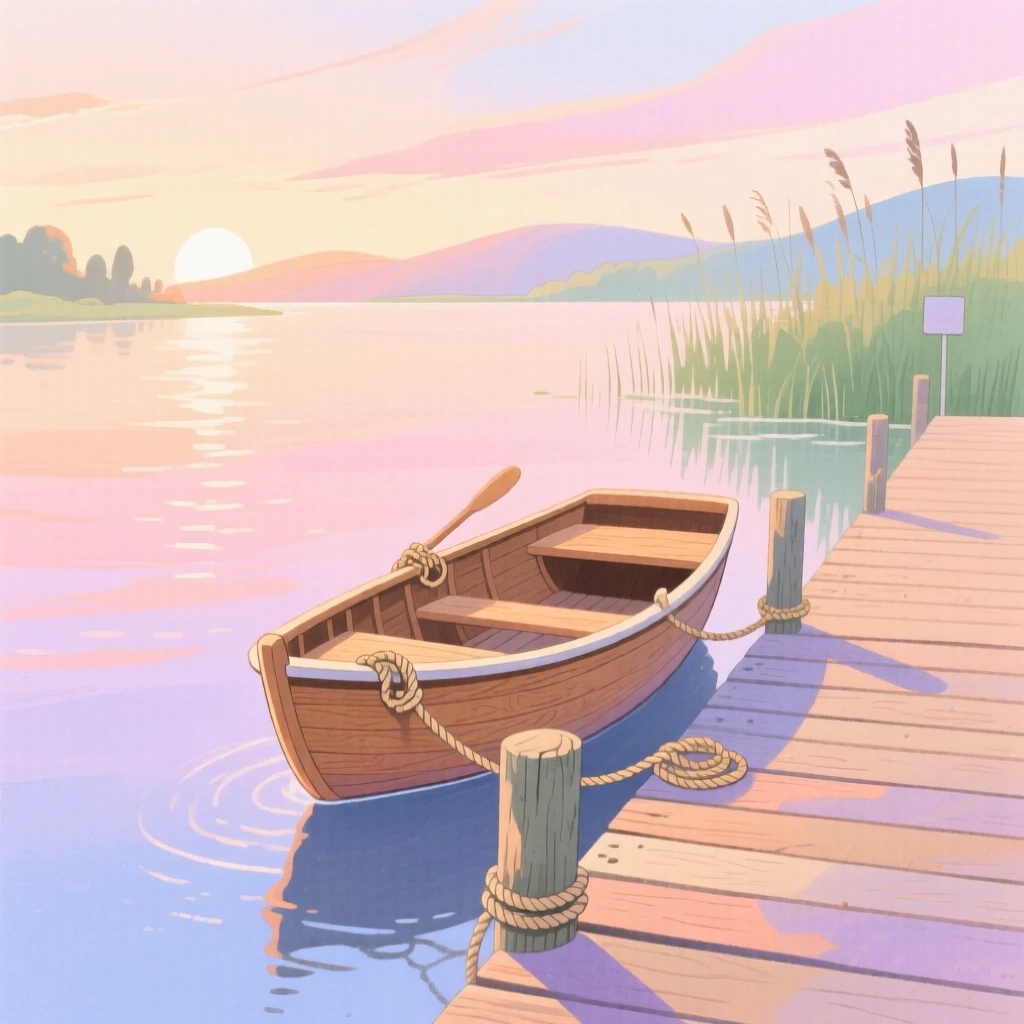 A picturesque view of a rowboat tied at a quiet dock at dawn.