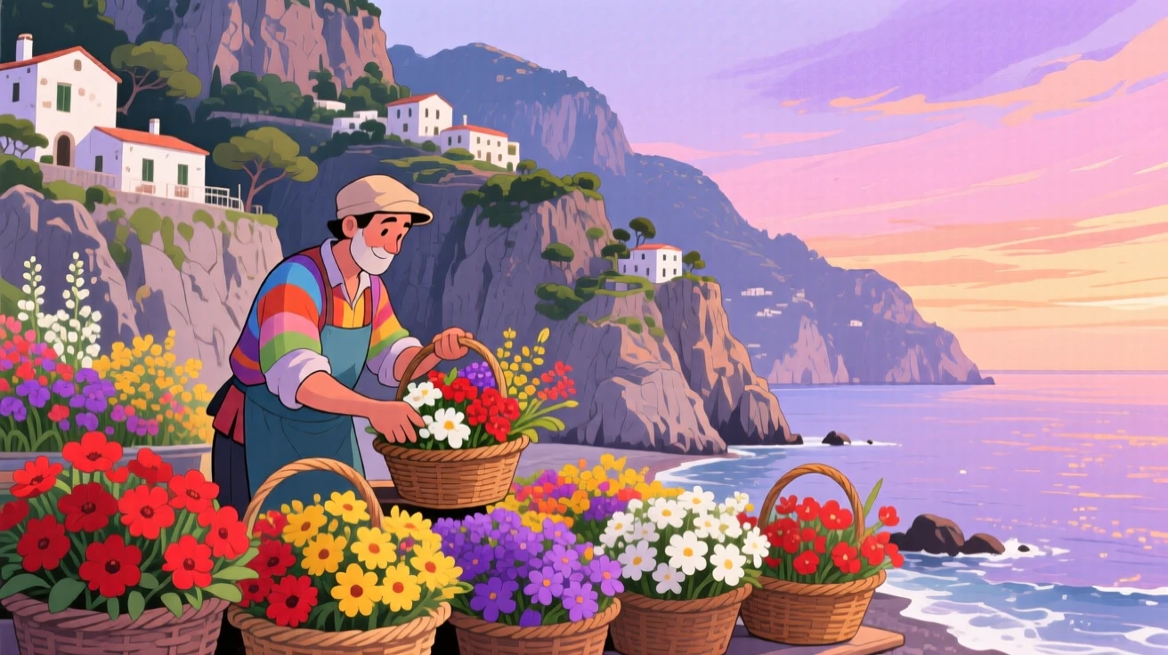 A local vendor arranges baskets of fresh flowers amid the dramatic cliffs of the Amalfi Coast at dusk, radiating cultural warmth and beauty.