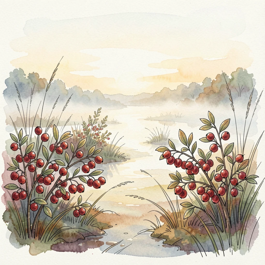 A quiet cranberry bog glowing crimson in early autumn, a soft mist clinging to the low ground as the sun begins to rise.
