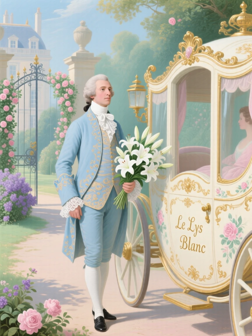 A gentleman waiting beside a carriage with a bouquet of lilies  