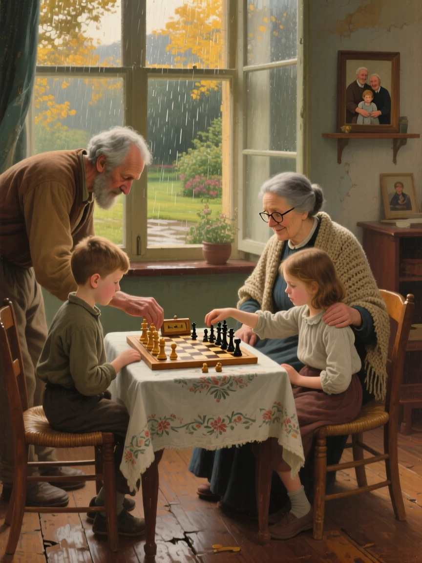 Grandparents teaching their grandchildren to play chess on a rainy afternoon, as the golden light of late afternoon fills the space, designed to remind viewers of their own cherished family memories