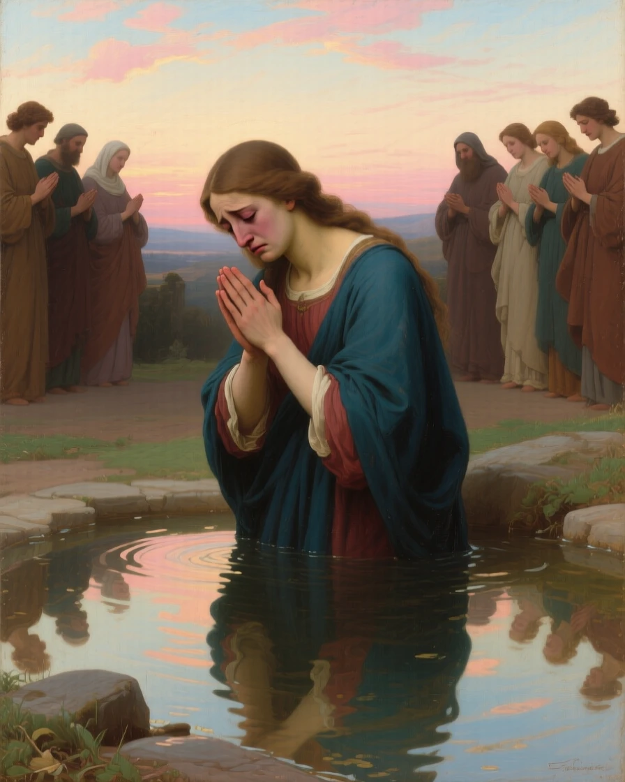 A grieving figure finding solace in a quiet moment of prayer as light seems to answer a silent prayer, set beside a sacred spring reflecting the morning sky, with open hands extended in a gesture of blessing or gratitude; converging figures form a reverent circle around the central moment, suggesting the enduring comfort of belief and community.