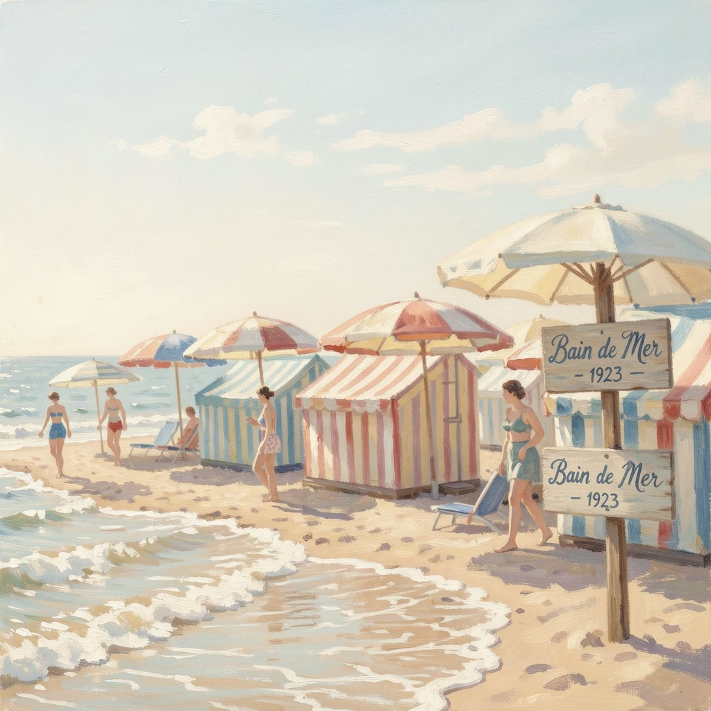 A vintage seaside postcard scene of striped bathing tents and parasols along a sunny 1920s beach.